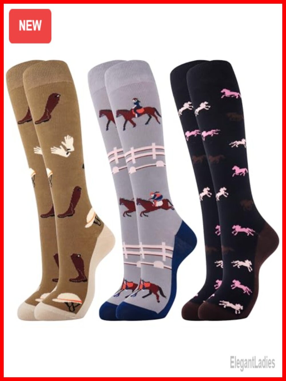 3Pk Knee High Boot Socks 80% Cotton Horse Equestrian Women Gift